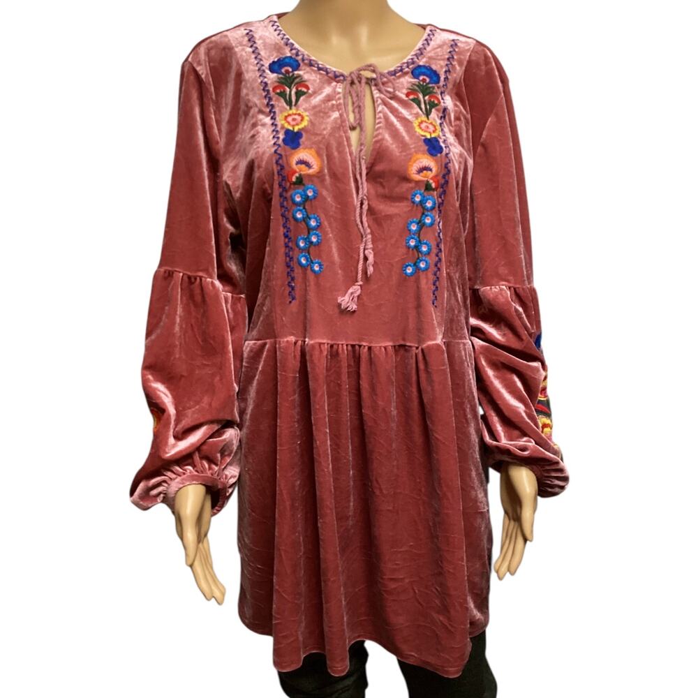 Misslook velvet boho embroidered mini tunic dress dusty rose balloon sleeves XL